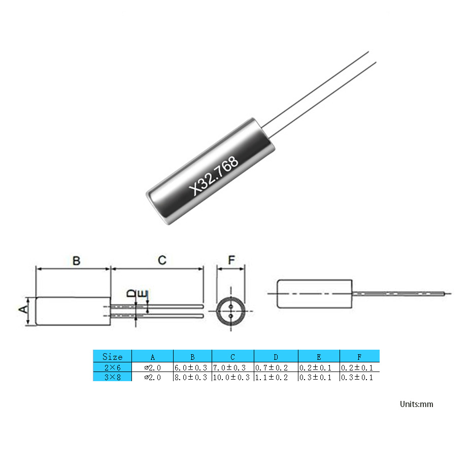 圓柱型KHZ音叉晶振2X6/3X8
