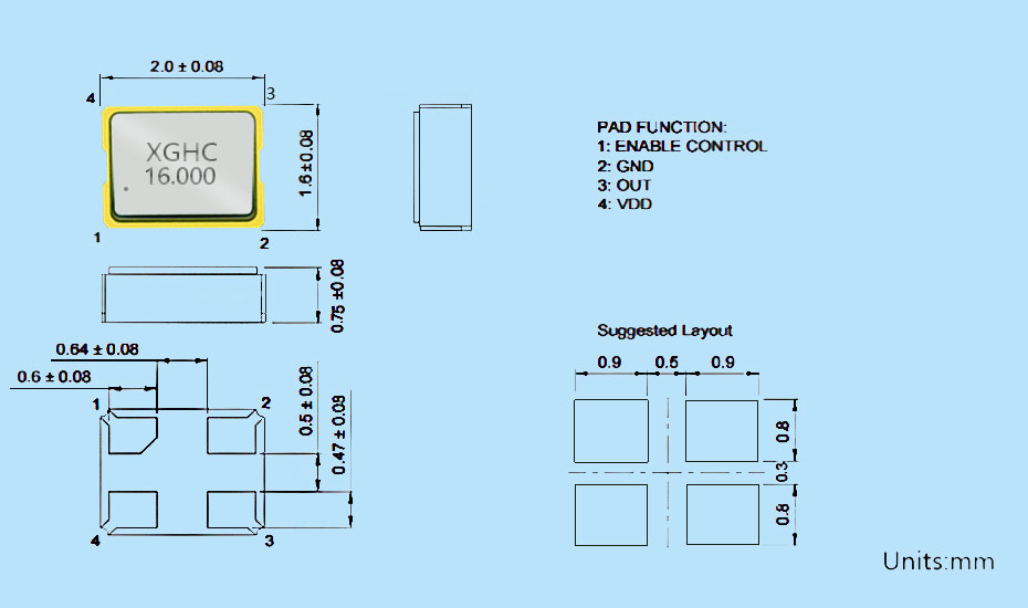 SMD2016有源晶振結(jié)構(gòu)圖 SMD2016有源晶振結(jié)構(gòu)圖